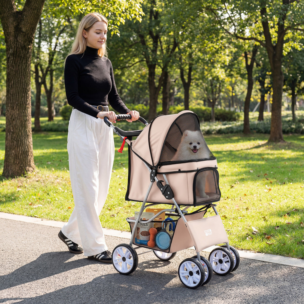 4 Wheel Pet Stroller for Small Dogs Cats up to 33 LBS-Beige