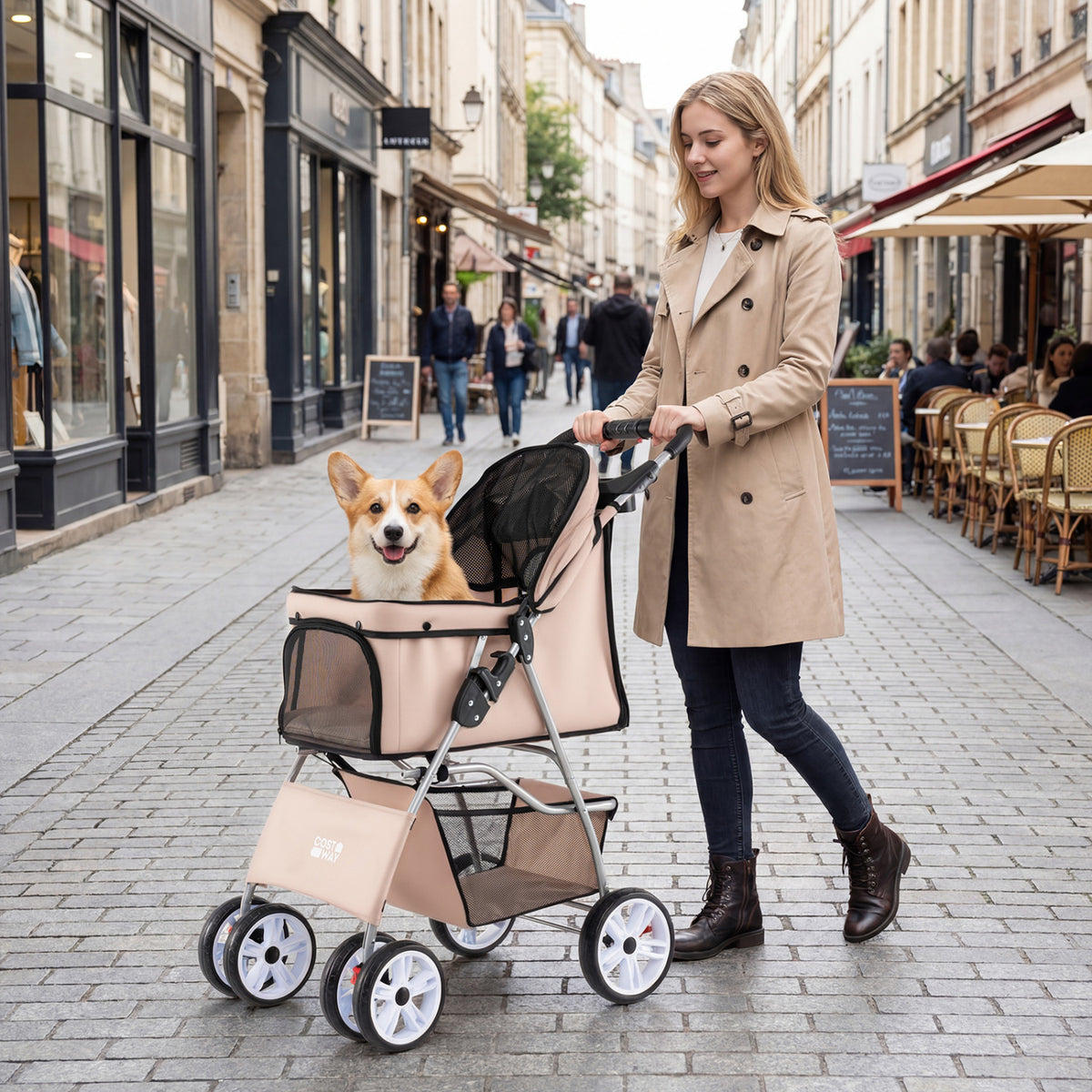4 Wheel Pet Stroller for Small Dogs Cats up to 33 LBS-Beige