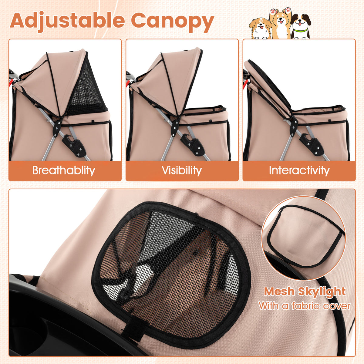 4 Wheel Pet Stroller for Small Dogs Cats up to 33 LBS-Beige