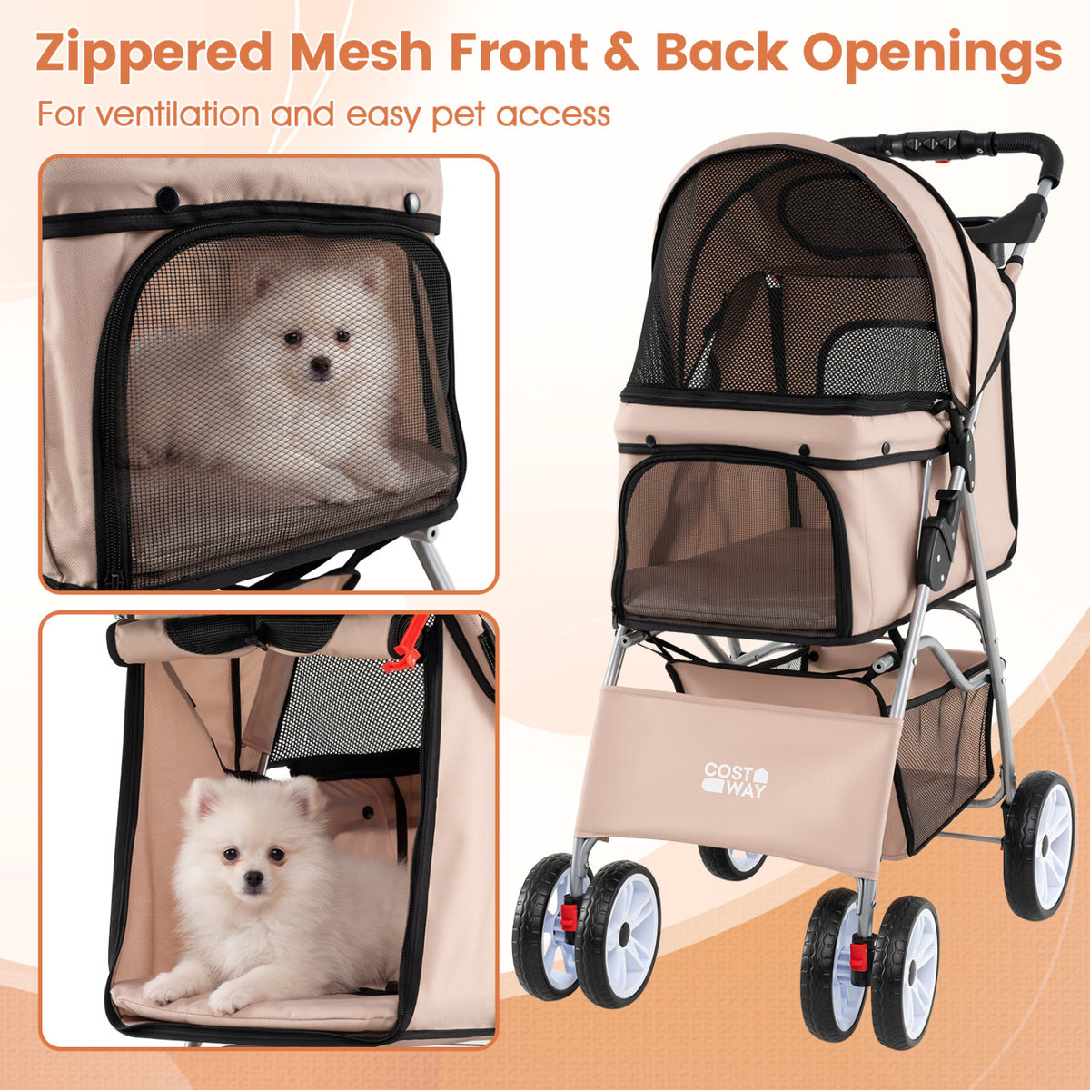 4 Wheel Pet Stroller for Small Dogs Cats up to 33 LBS-Beige