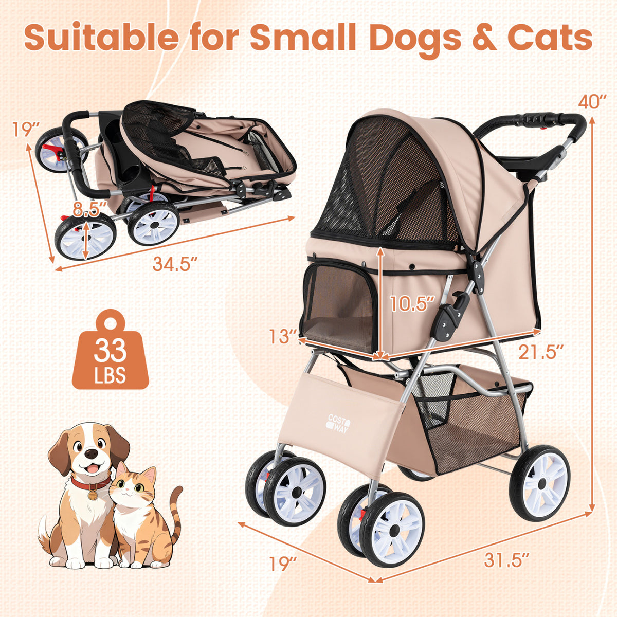 4 Wheel Pet Stroller for Small Dogs Cats up to 33 LBS-Beige