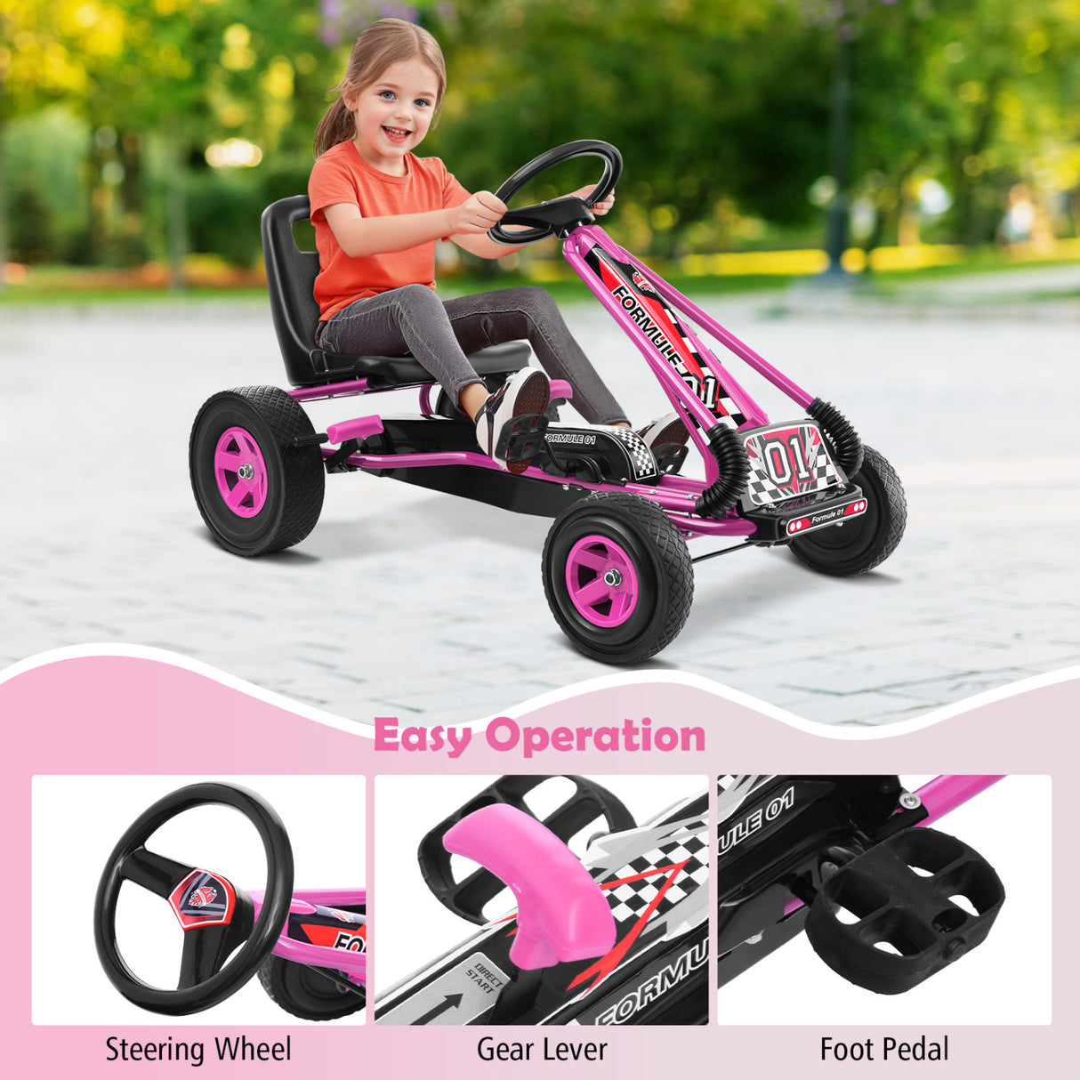 4 Wheels Kids Ride On Pedal Powered Bike Go Kart Racer Car Outdoor Play Toy-Pink