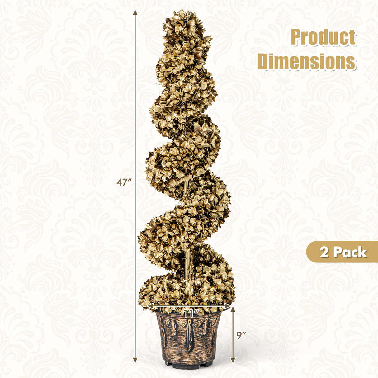 4 FT Artificial Topiary Spiral Tree Set of 2 with Vintage Plastic Nursery Pot-Gold