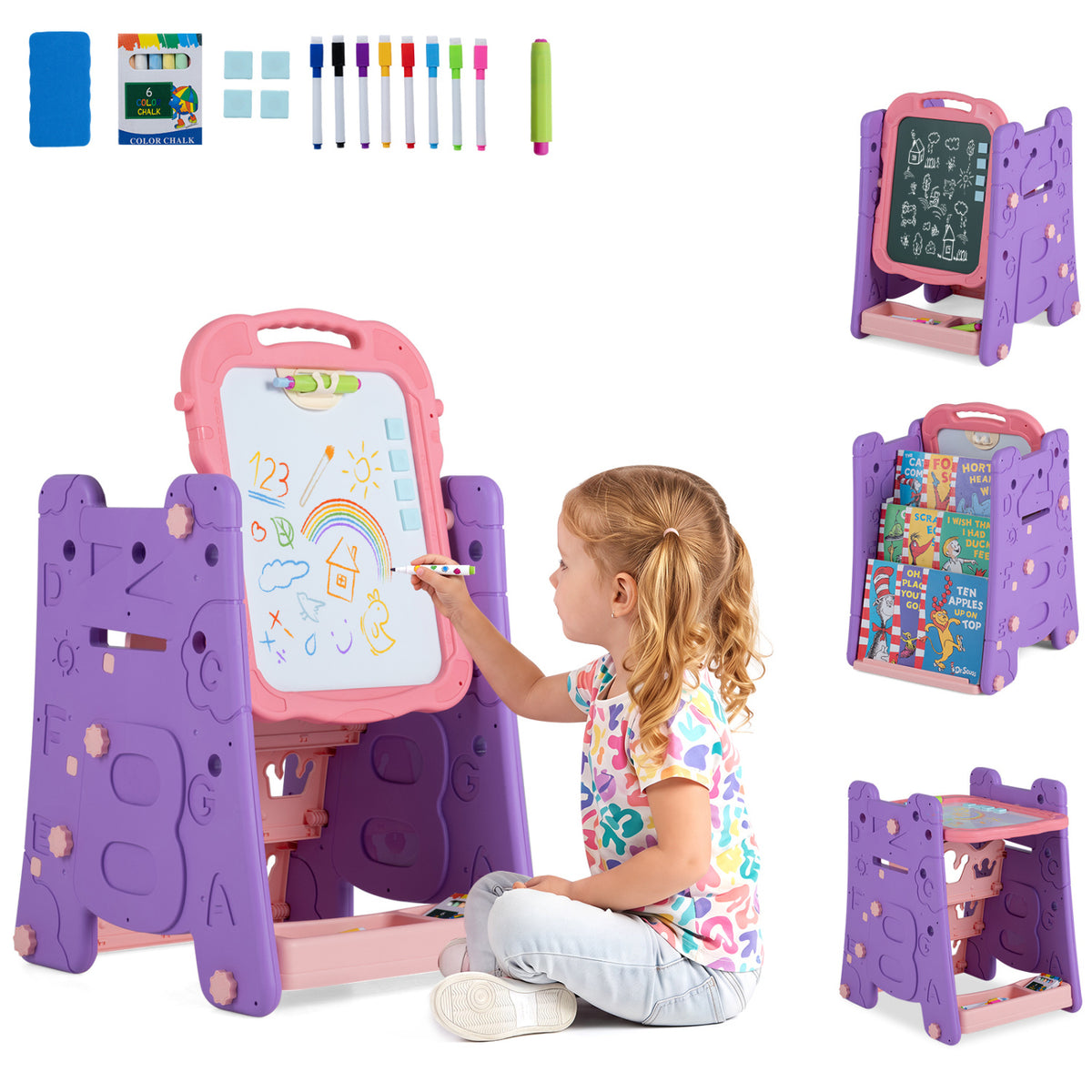 4 in 1 Art Easel for Kids with Double Sided Magnetic Board-Pink