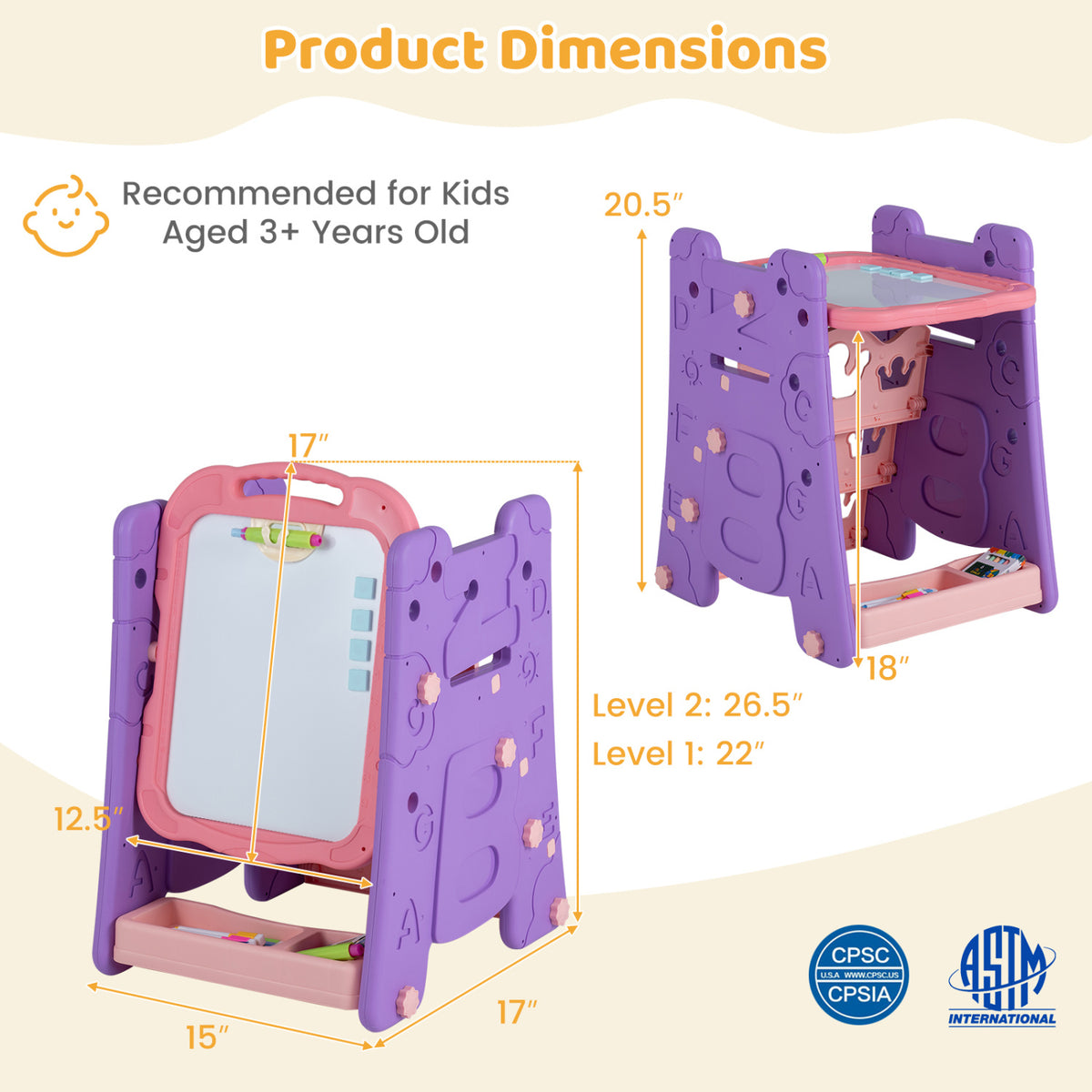 4 in 1 Art Easel for Kids with Double Sided Magnetic Board-Pink
