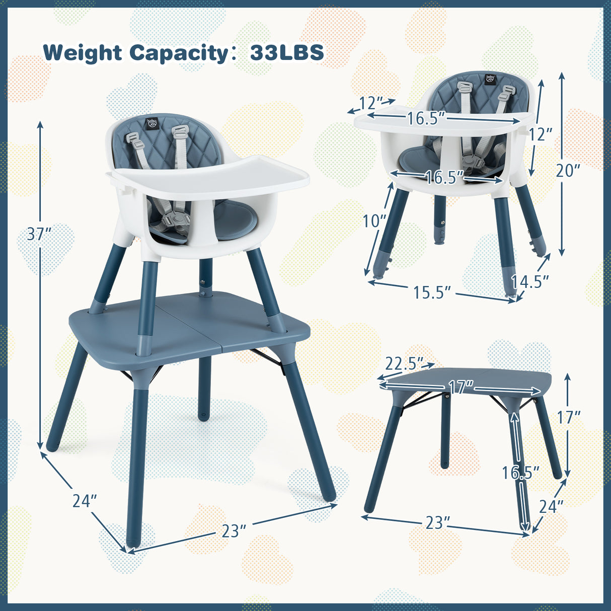 4-in-1 Baby Convertible Toddler Table Chair Set with PU Cushion-Blue