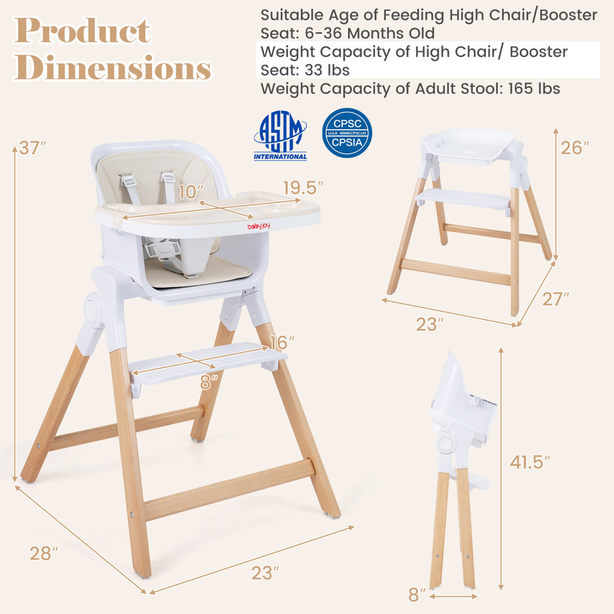 4-in-1 Convertible Baby High Chair with Detachable and Adjustable Tray-Beige