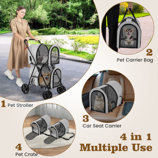 4-in-1 Double Pet Stroller with Detachable Carrier and Travel Carriage-Gray