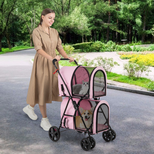 4-in-1 Double Pet Stroller with Detachable Carrier and Travel Carriage-Pink