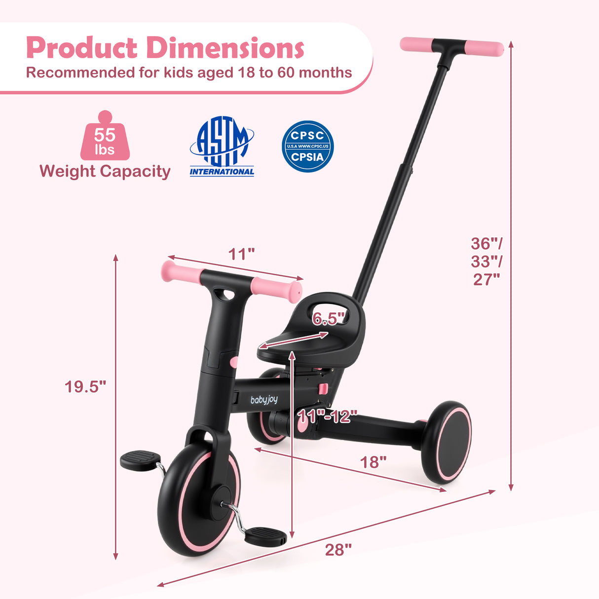 4-in-1 Foldable Toddler Tricycle with Push Handle with Adjustable Seat-Pink