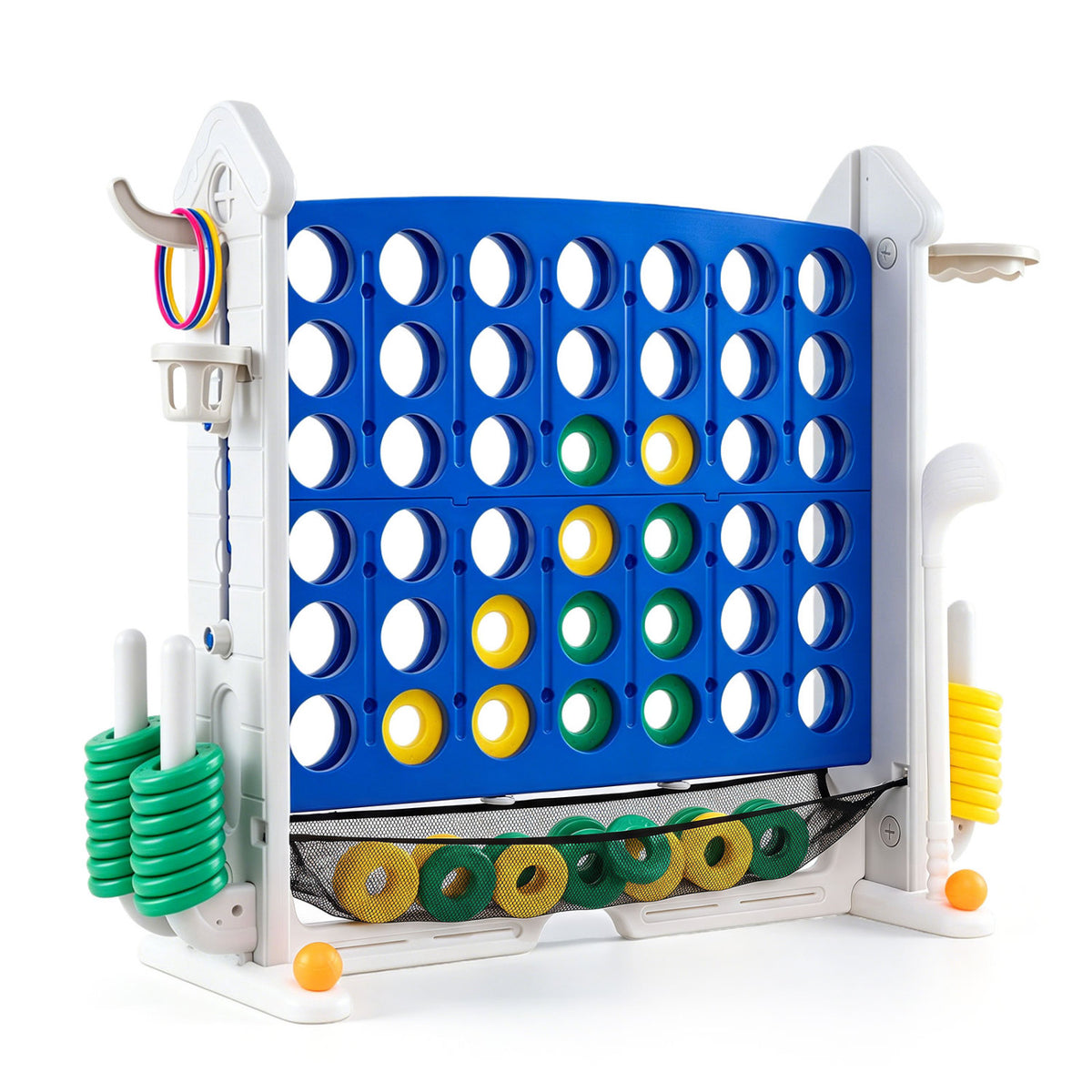 4-in-1 Height Adjustable Row Connect Game with Mesh Net and Carrying Bag-Blue