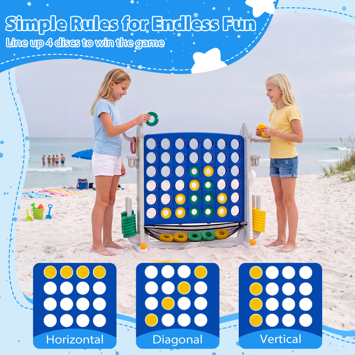 4-in-1 Height Adjustable Row Connect Game with Mesh Net and Carrying Bag-Blue