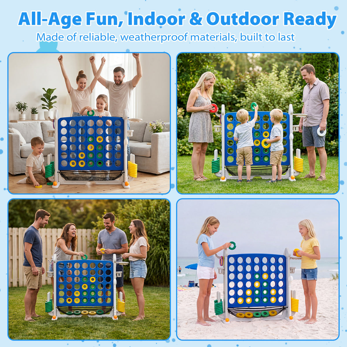 4-in-1 Height Adjustable Row Connect Game with Mesh Net and Carrying Bag-Blue