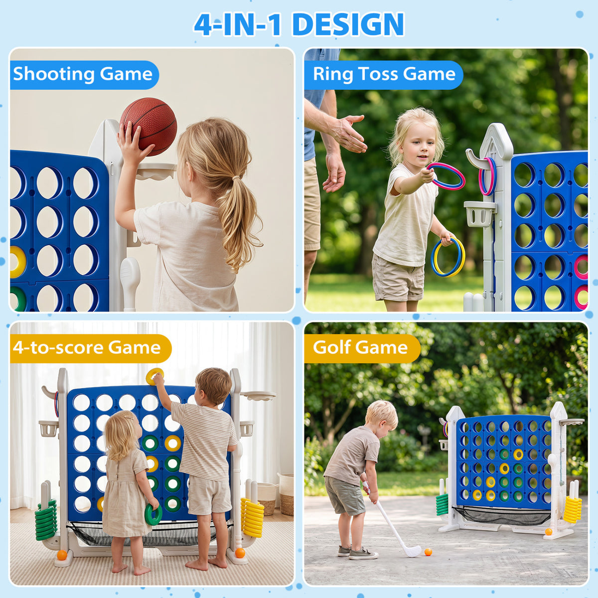 4-in-1 Height Adjustable Row Connect Game with Mesh Net and Carrying Bag-Blue