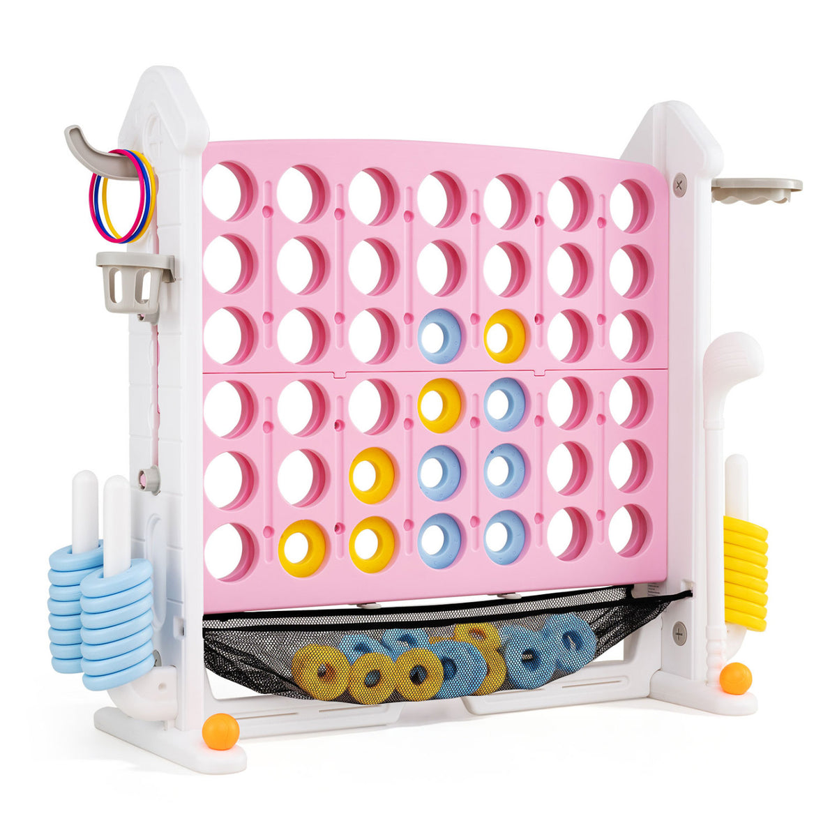 4-in-1 Height Adjustable Row Connect Game with Mesh Net and Carrying Bag-Pink