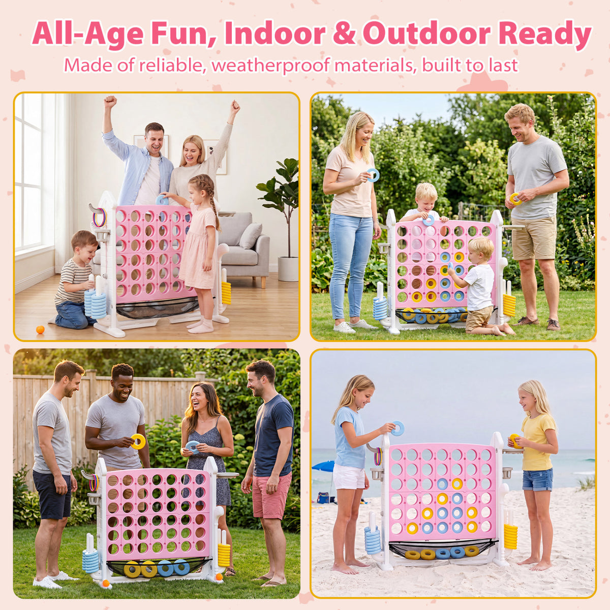 4-in-1 Height Adjustable Row Connect Game with Mesh Net and Carrying Bag-Pink