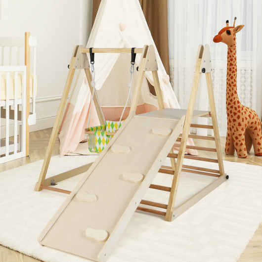 4-in-1 Indoor Jungle Gym with Baby Swing and Climbing Ramp-Natural