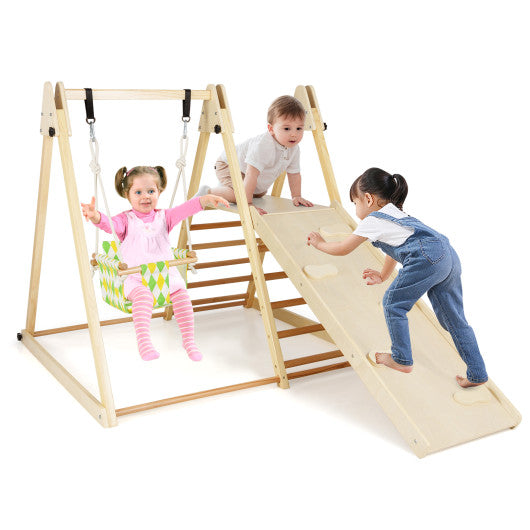 4-in-1 Indoor Jungle Gym with Baby Swing and Climbing Ramp-Natural