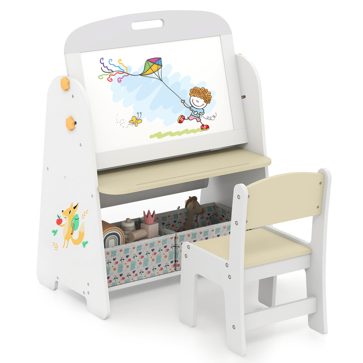 4-in-1 Kids Table and Chair Set Art Easel with Magnetic Whiteboard and Bookshelf-Natural