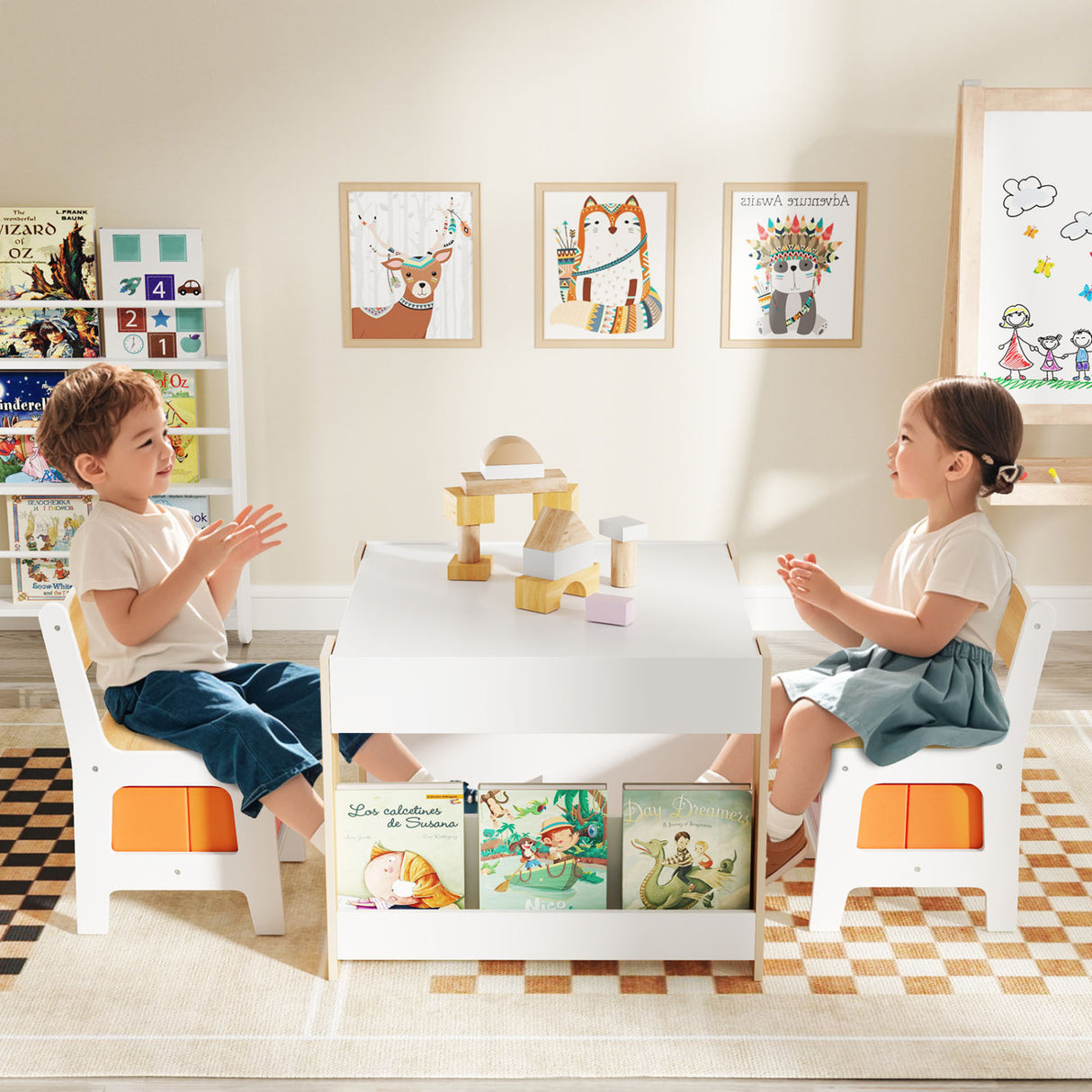 4 in 1 Kids Toddler Activity Table and Chairs Set with Reversible Tabletop-Natural