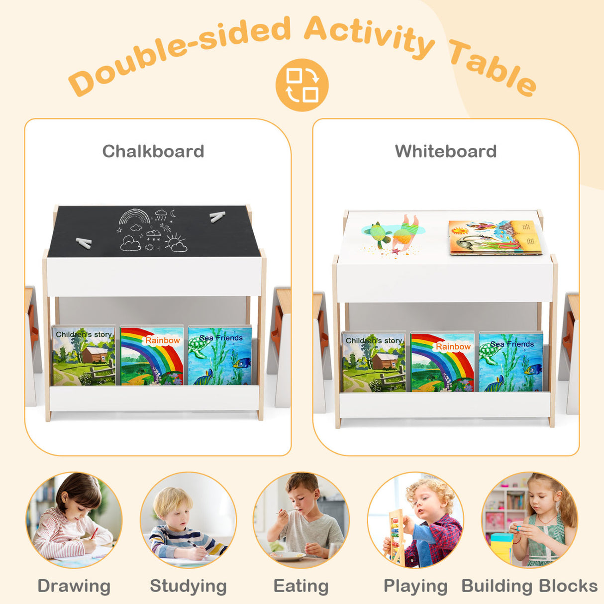 4 in 1 Kids Toddler Activity Table and Chairs Set with Reversible Tabletop-Natural