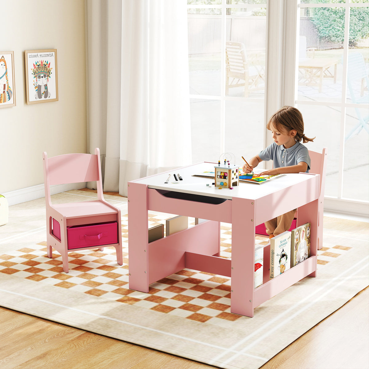 4 in 1 Kids Toddler Activity Table and Chairs Set with Reversible Tabletop-Pink