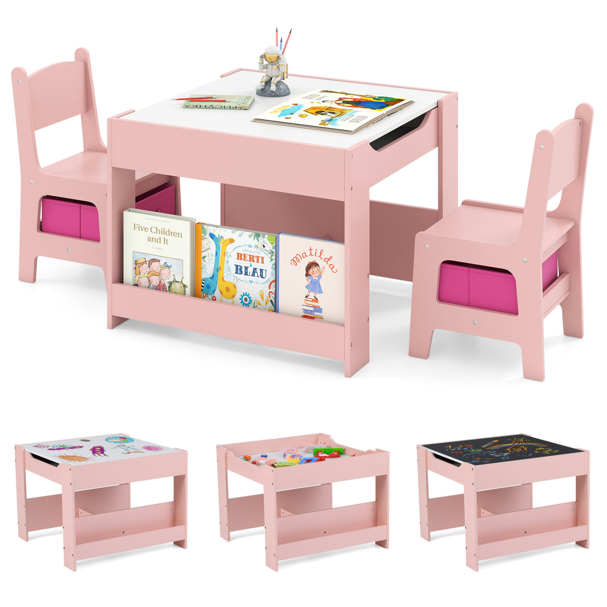 4 in 1 Kids Toddler Activity Table and Chairs Set with Reversible Tabletop-Pink