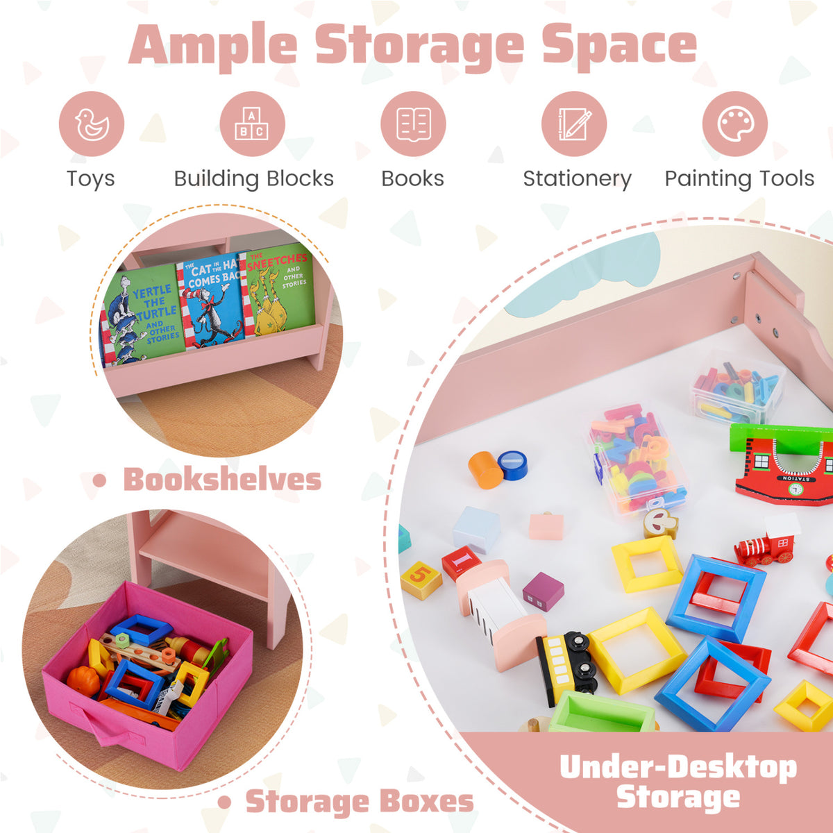 4 in 1 Kids Toddler Activity Table and Chairs Set with Reversible Tabletop-Pink