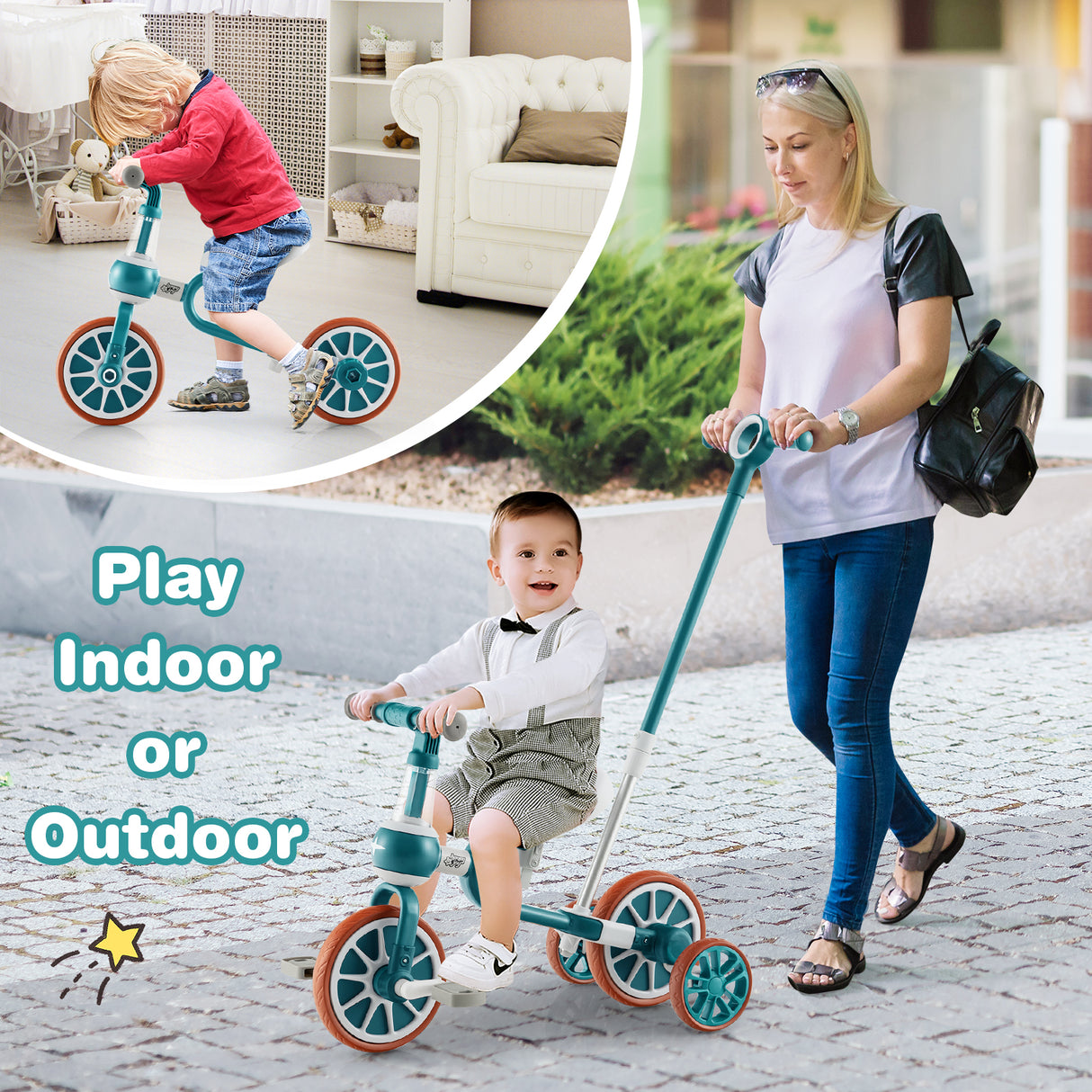 4-in-1 Kids Tricycle with Adjustable Parent Push Handle for 2-4 Years Old-Green