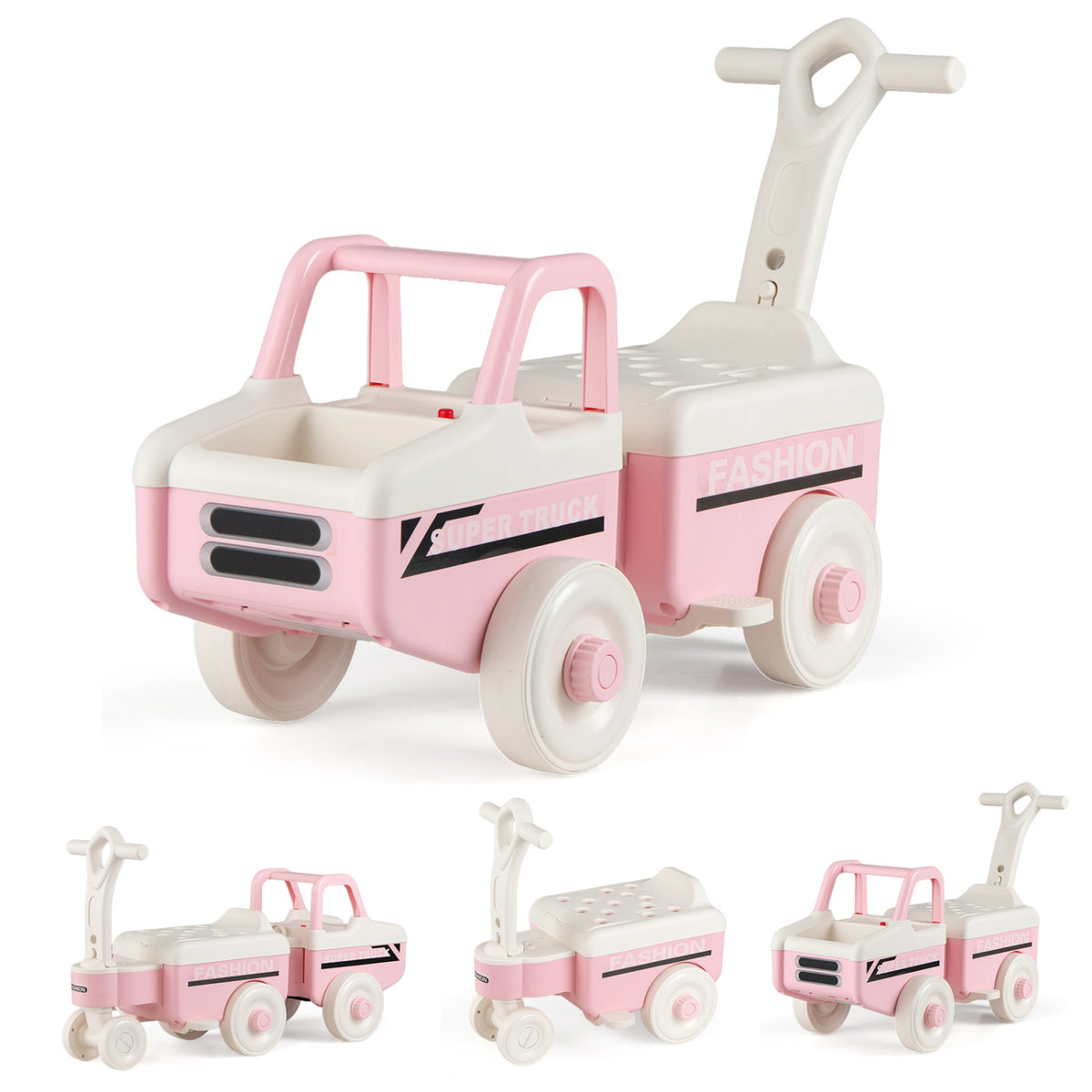 4 in 1 Ride on Push Car with Music and Under-Seat Storage for Boys Girls-Pink