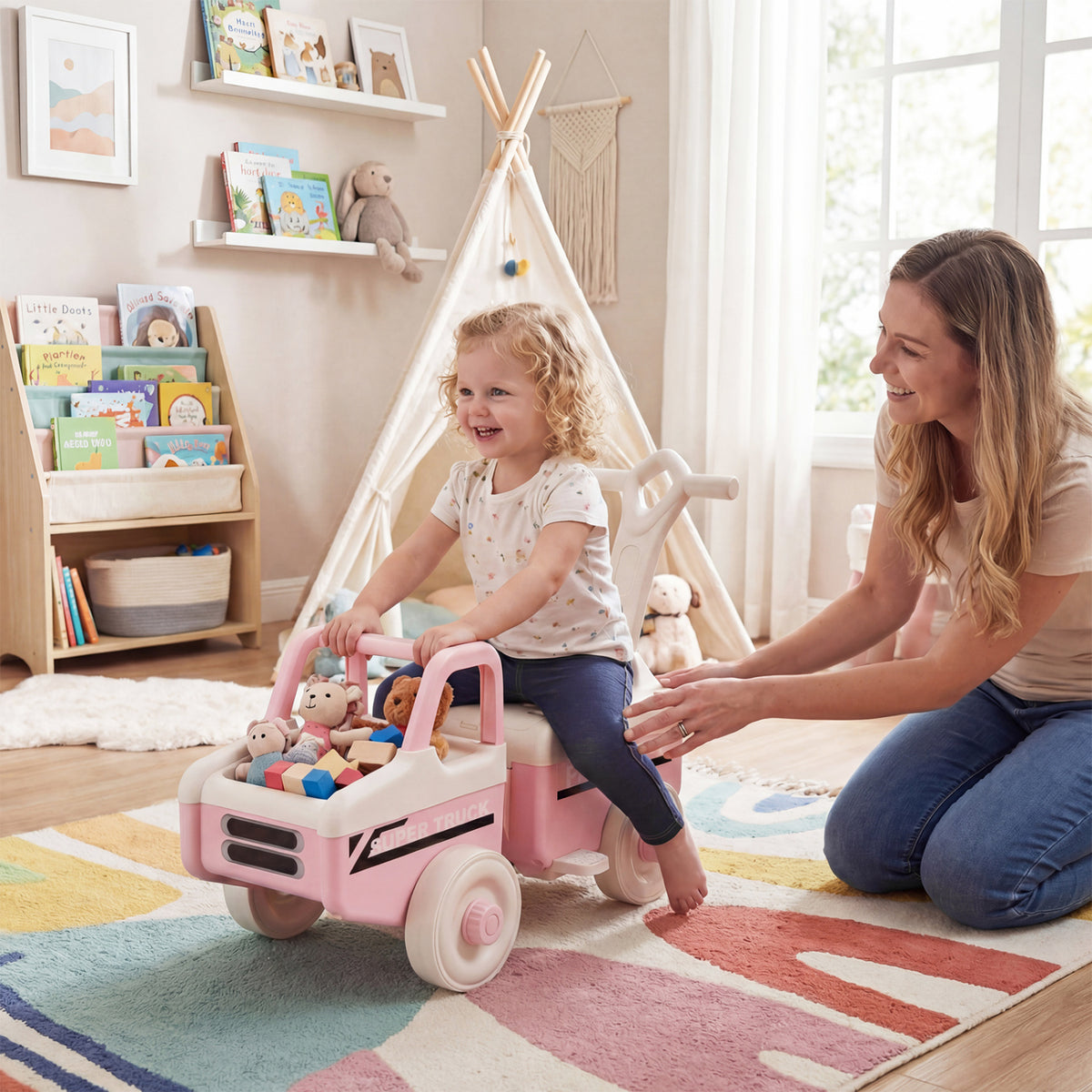 4 in 1 Ride on Push Car with Music and Under-Seat Storage for Boys Girls-Pink