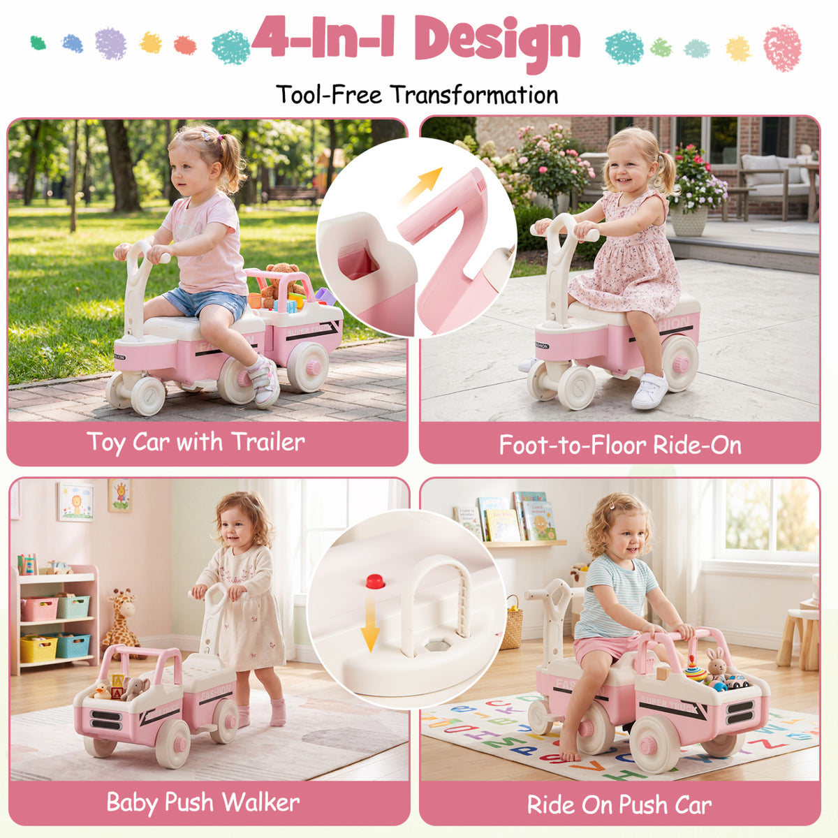 4 in 1 Ride on Push Car with Music and Under-Seat Storage for Boys Girls-Pink