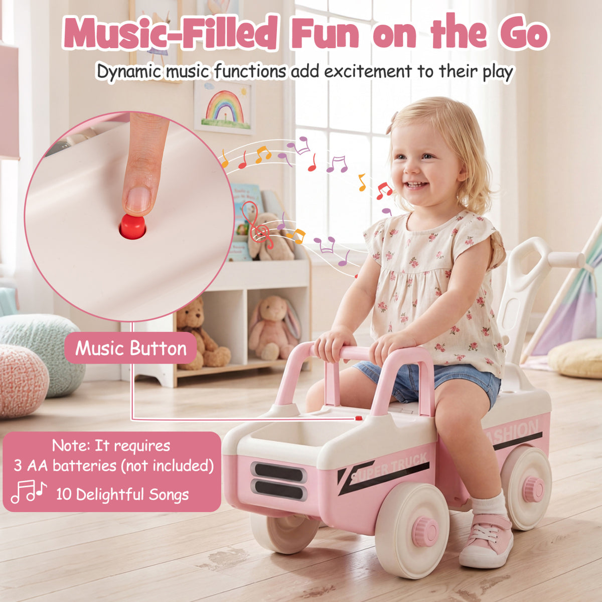 4 in 1 Ride on Push Car with Music and Under-Seat Storage for Boys Girls-Pink