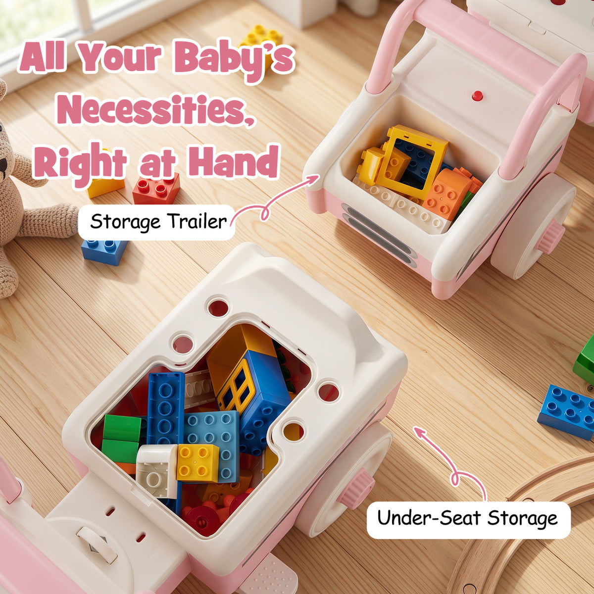 4 in 1 Ride on Push Car with Music and Under-Seat Storage for Boys Girls-Pink