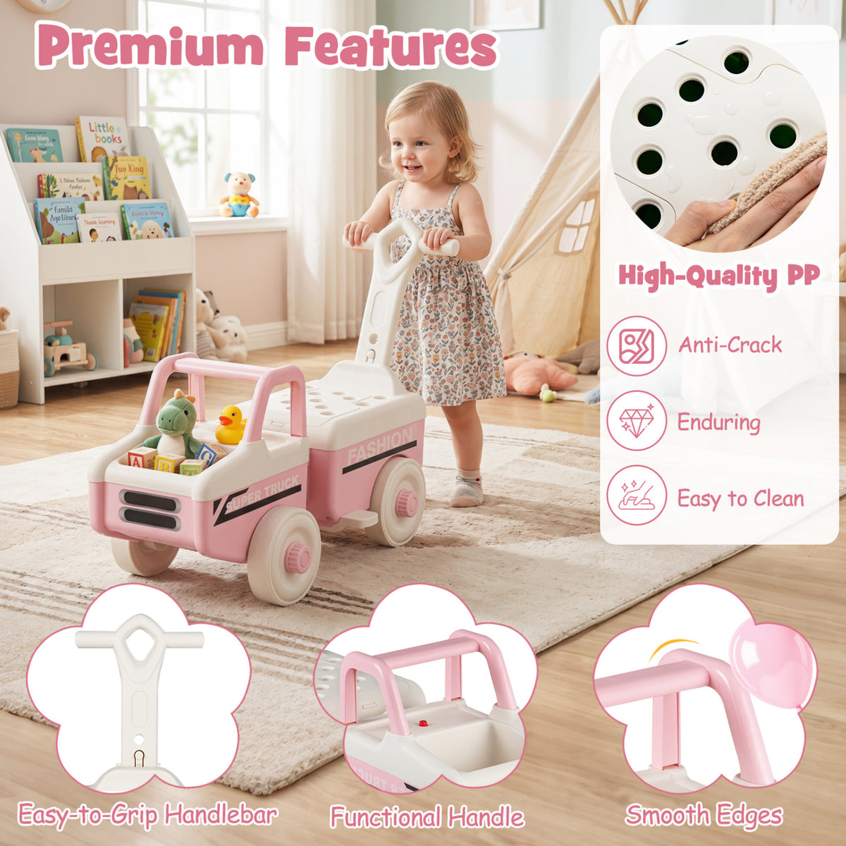 4 in 1 Ride on Push Car with Music and Under-Seat Storage for Boys Girls-Pink