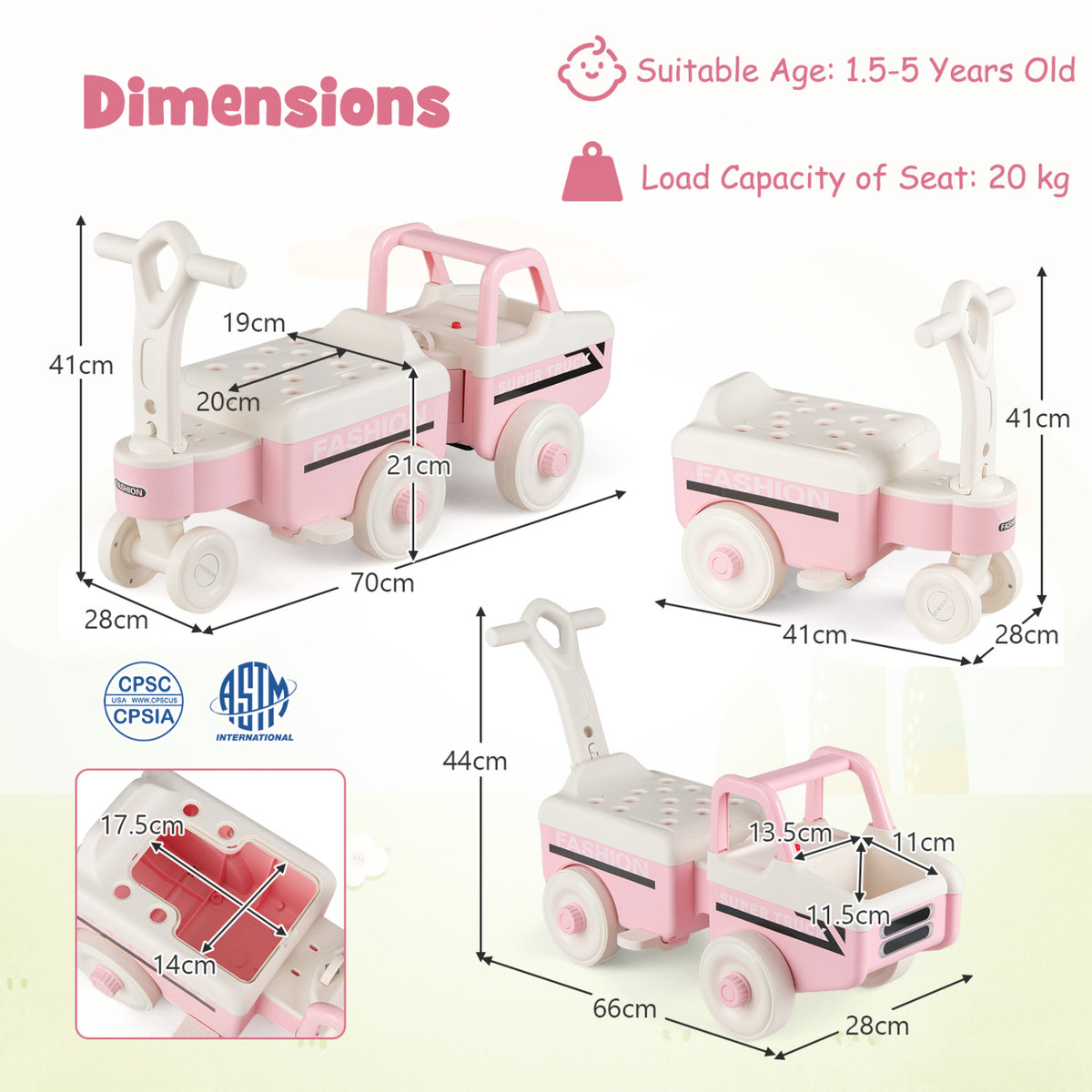 4 in 1 Ride on Push Car with Music and Under-Seat Storage for Boys Girls-Pink