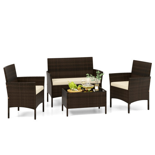 4 Piece Patio Rattan Conversation Set with Cozy Seat Cushions-Beige