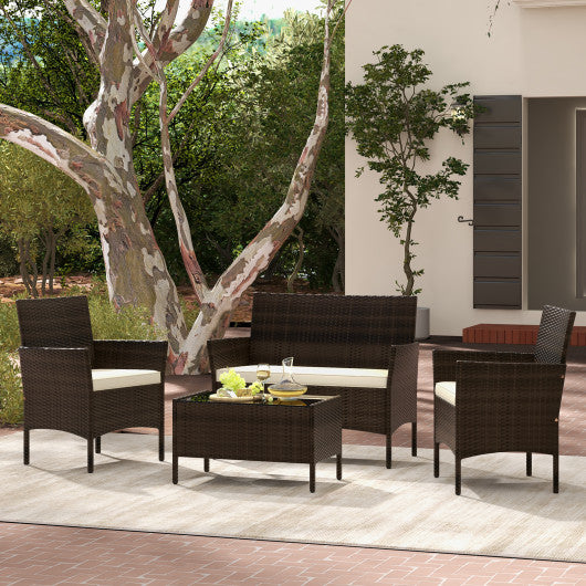 4 Piece Patio Rattan Conversation Set with Cozy Seat Cushions-Beige