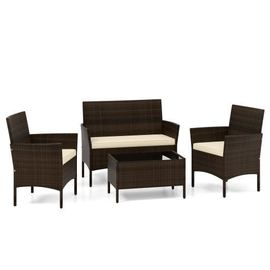 4 Piece Patio Rattan Conversation Set with Cozy Seat Cushions-Beige