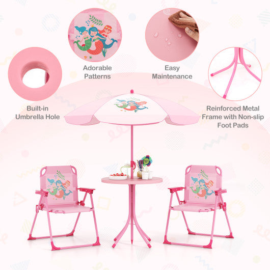 4 Pieces Kids Picnic Set with 2 Folding Chairs and Height Adjustable Umbrella-Pink