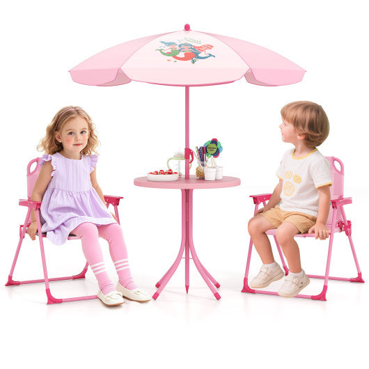 4 Pieces Kids Picnic Set with 2 Folding Chairs and Height Adjustable Umbrella-Pink