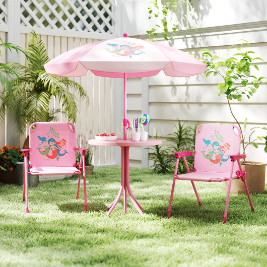 4 Pieces Kids Picnic Set with 2 Folding Chairs and Height Adjustable Umbrella-Pink