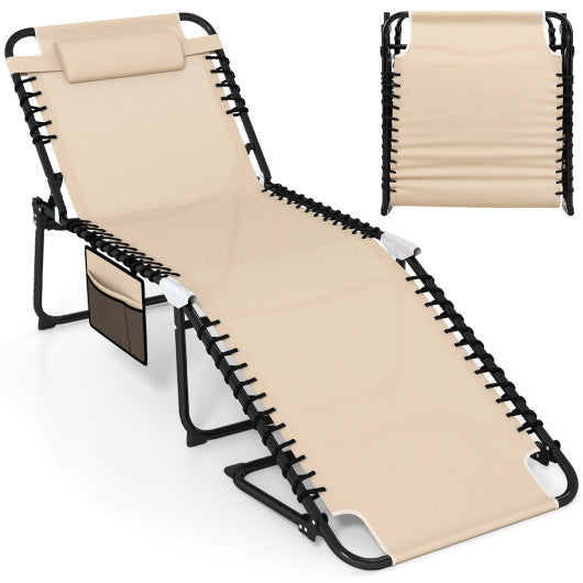 4 Position Folding Lounge Chaise with Adjustable Backrest and Footrest-Beige