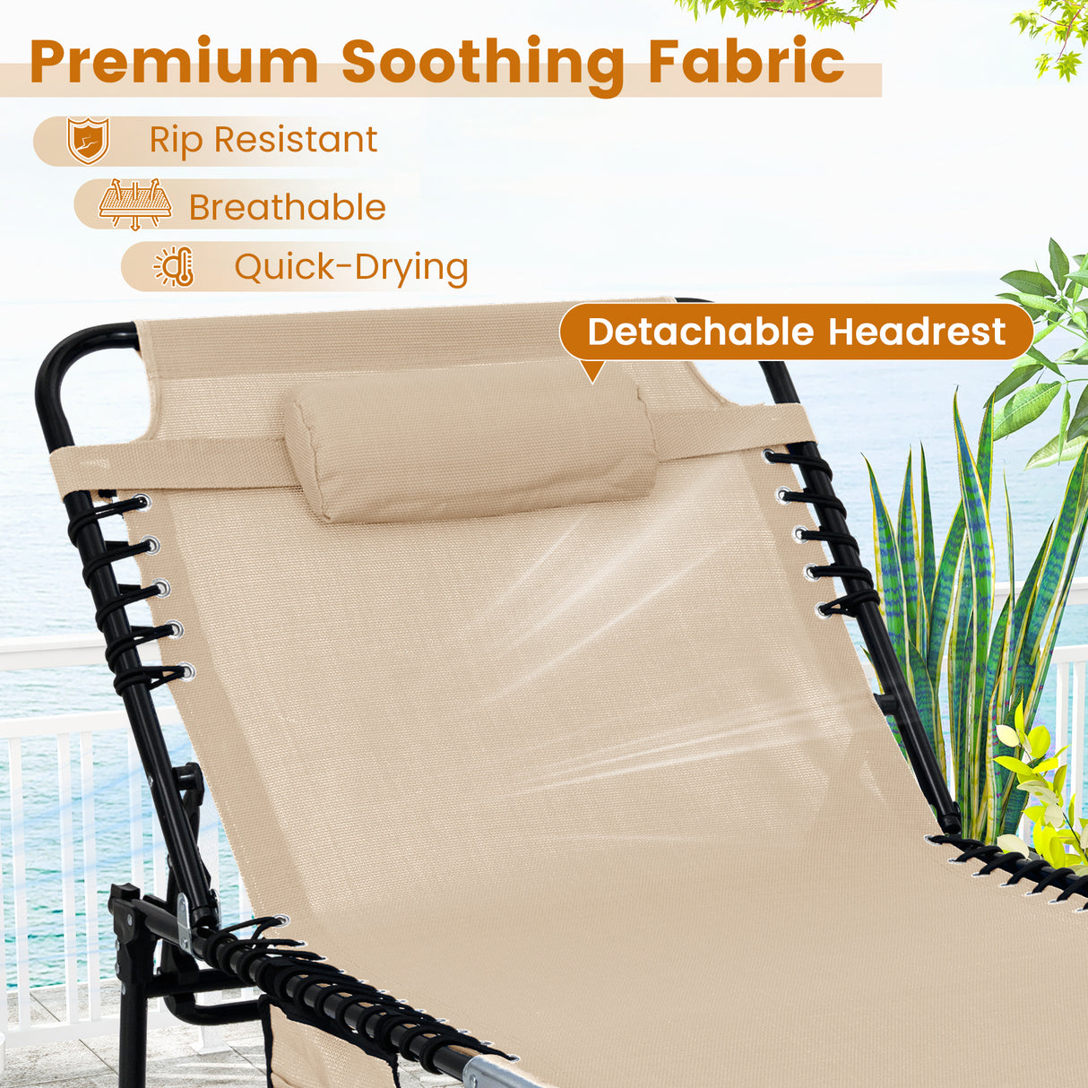 4 Position Folding Lounge Chaise with Adjustable Backrest and Footrest-Beige