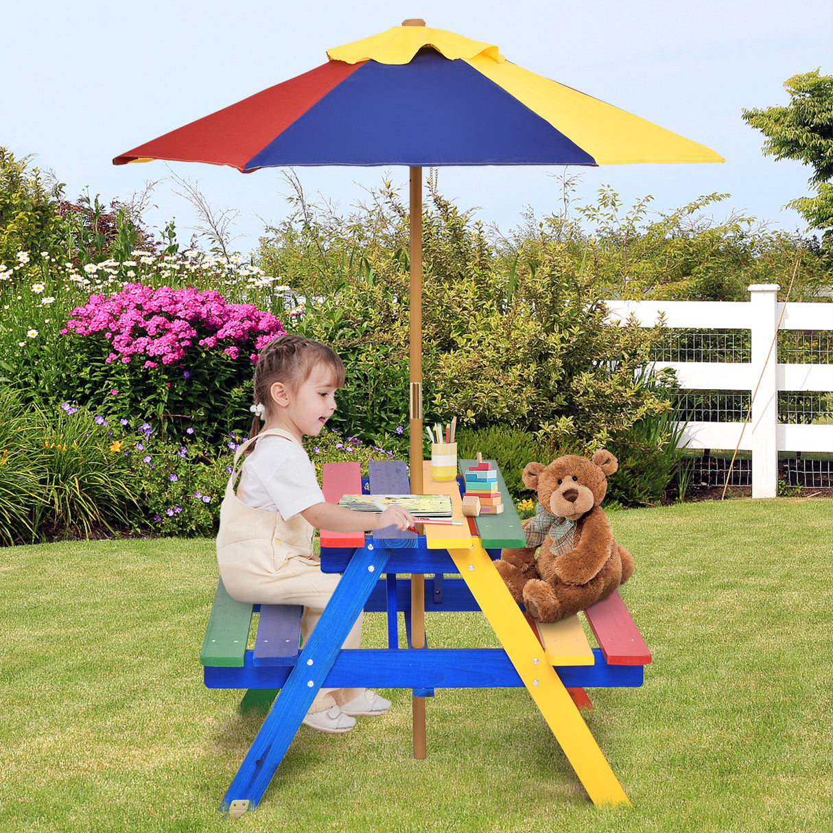 Outdoor 4-Seat Kid's Picnic Table Bench with Umbrella