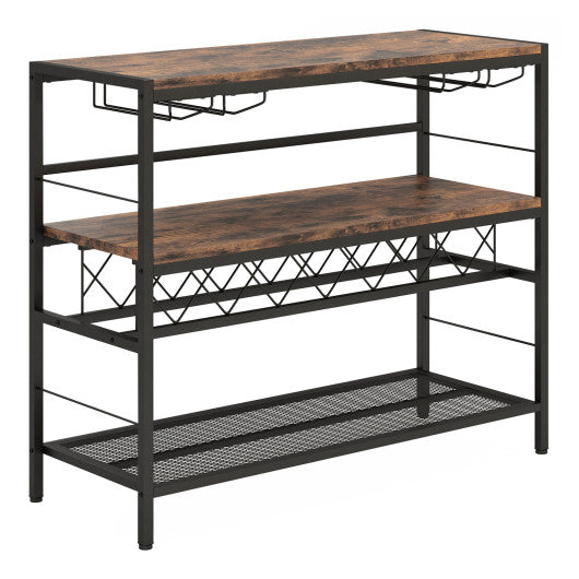 41 Inch 4-Tier Bar Table with Wine Rack and 4 Rows of Glass Holders-Rustic Brown