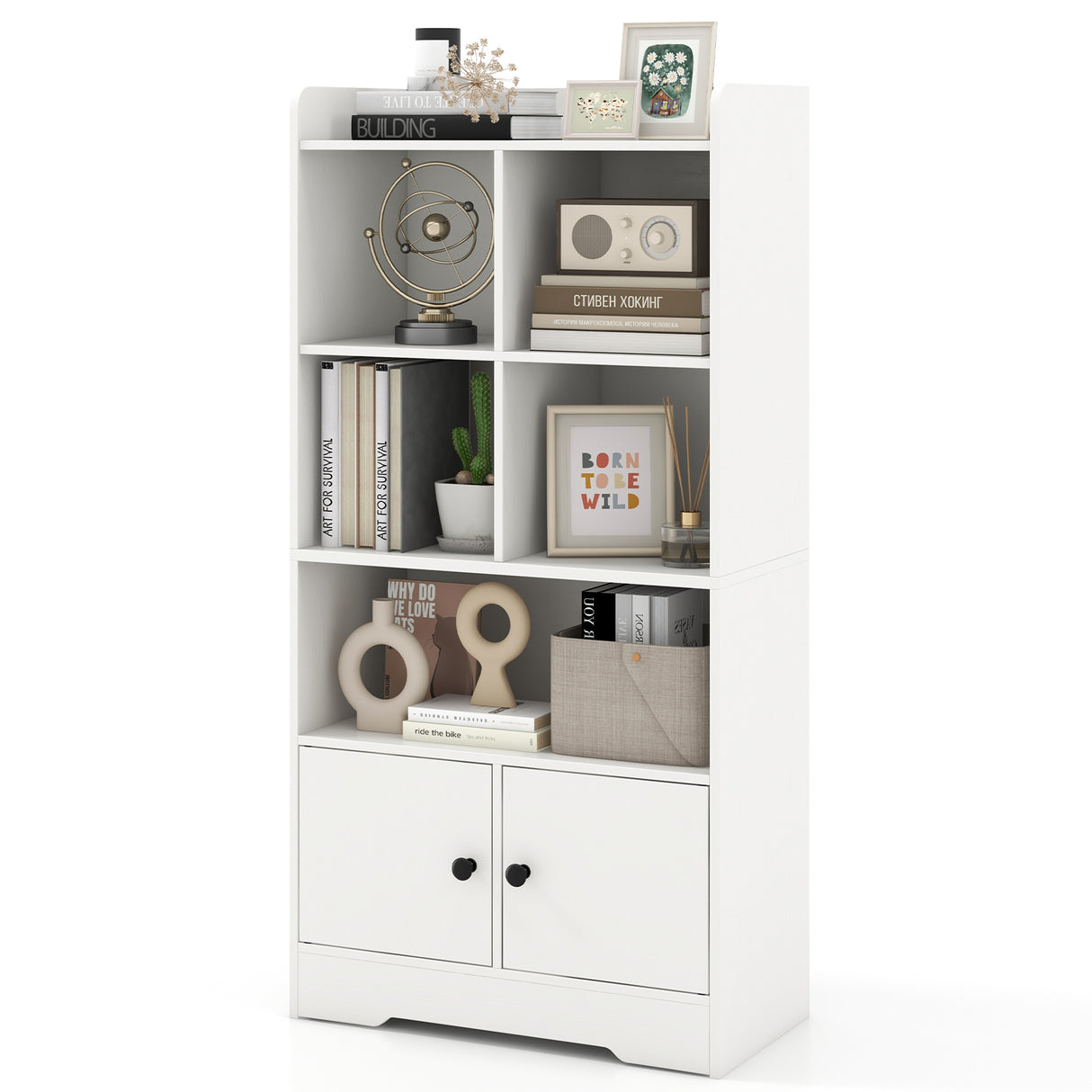 4 Tiers Bookshelf with 4 Cubes Display Shelf and 2 Doors-White