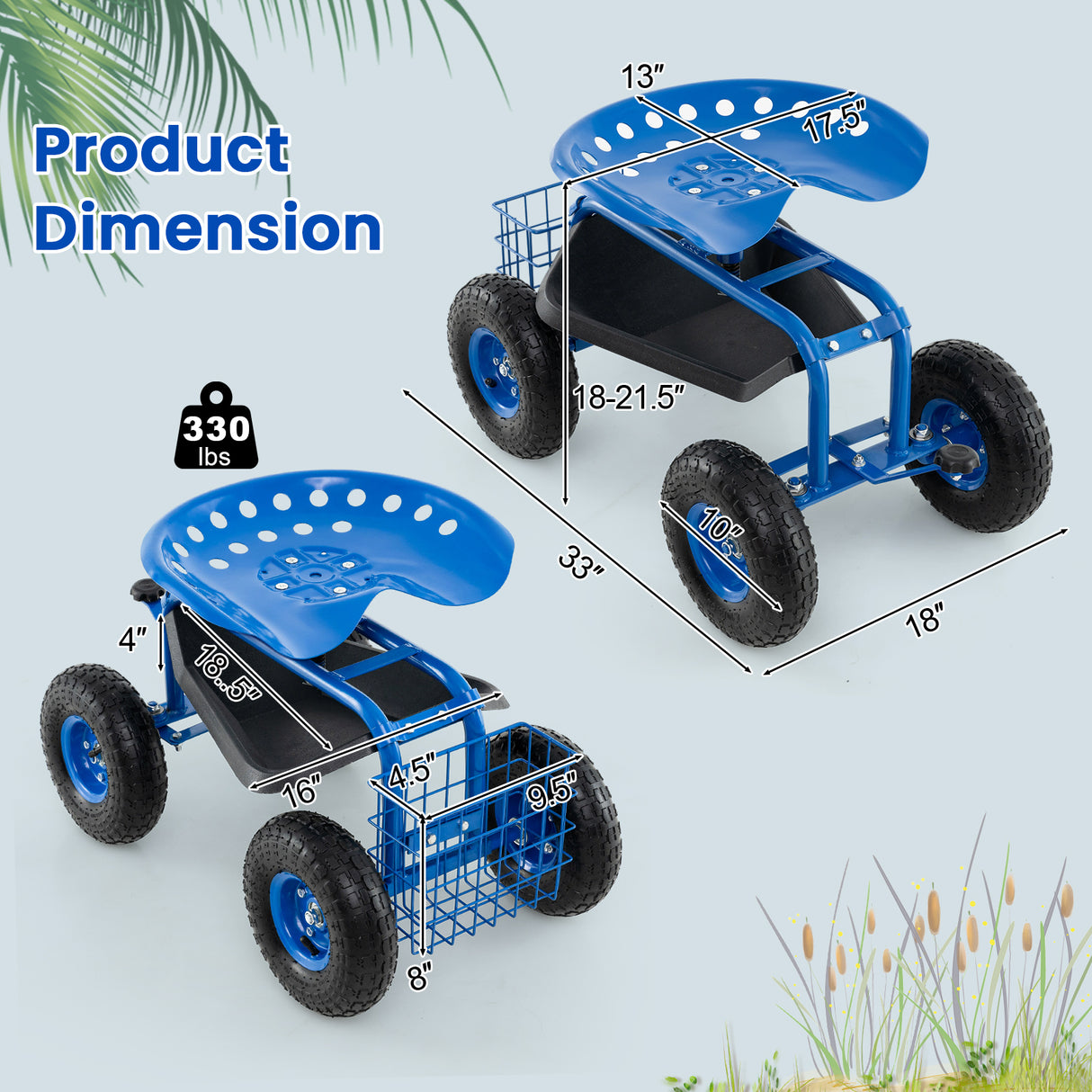 4-Wheel Rolling Garden Cart Work Seat-Blue