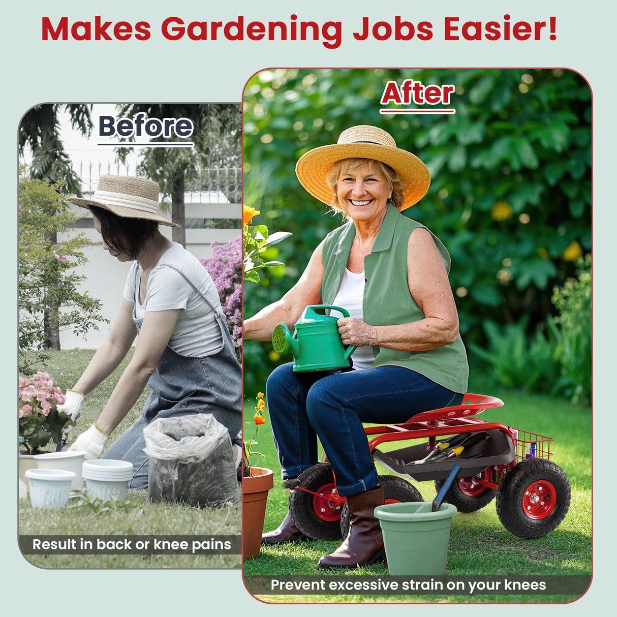 4-Wheel Rolling Garden Cart Work Seat-Red