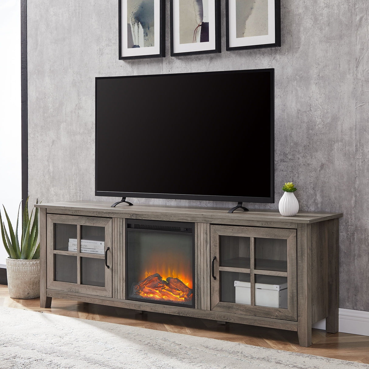Modern Farmhouse 2 Door Glass Windowpane 70" TV Stand For 80" TVs by Couch.com